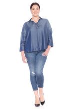 Load image into Gallery viewer, Lace Up Tencel Shirt - MIDNIGHT BLUE - SLINK JEANS