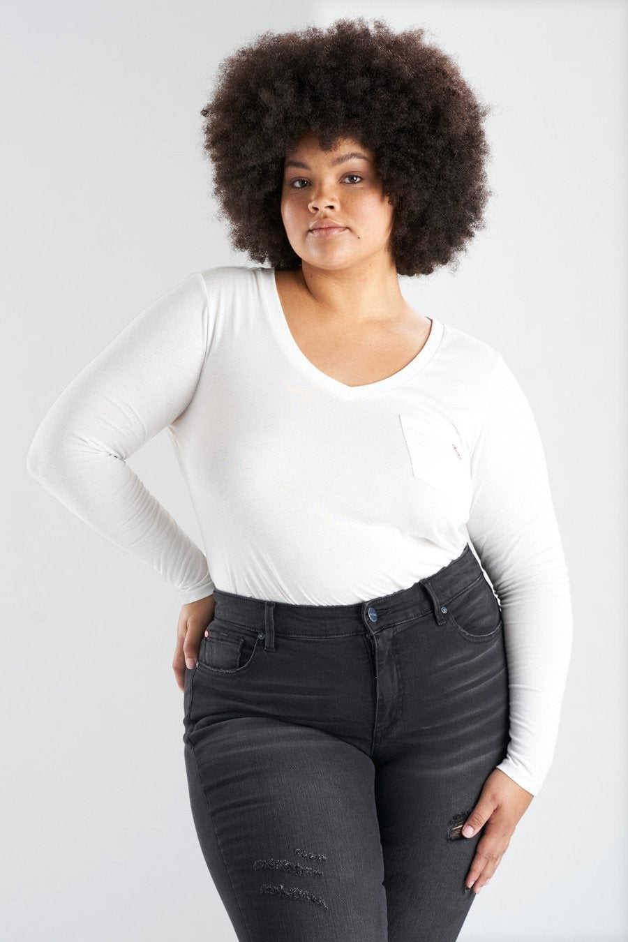 V Neck Long Sleeve T-shirt - White - SLINK JEANS