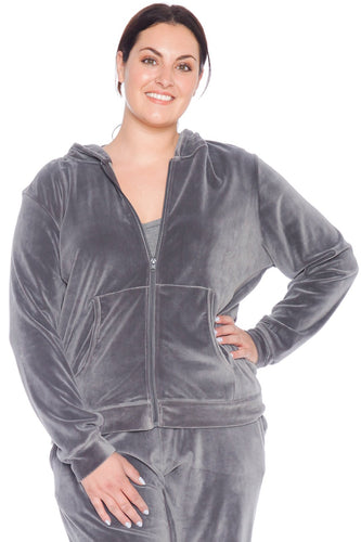 Velour Zip-Up Hoodie - SLATE - SLINK JEANS