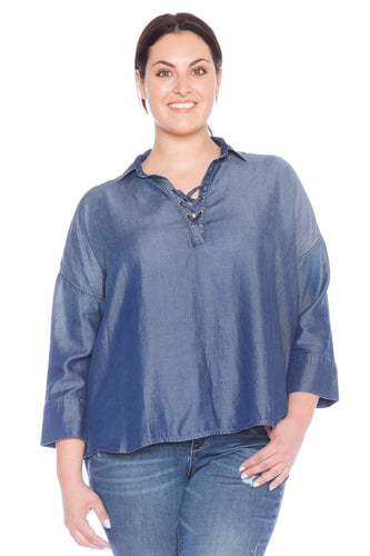 Lace Up Tencel Shirt - MIDNIGHT BLUE - SLINK JEANS